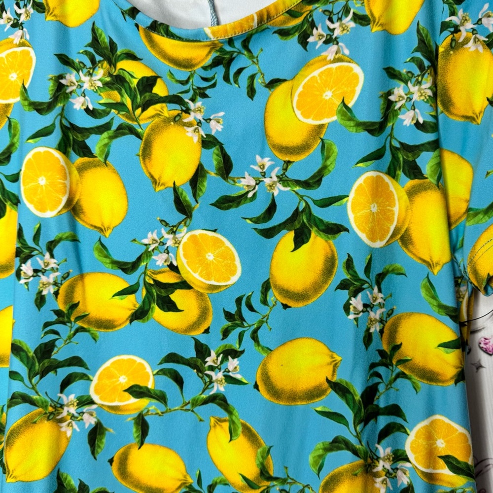 Yelete dress Lemon Print Blue yellow pockets on sides Tshirt style - Picture 10 of 11